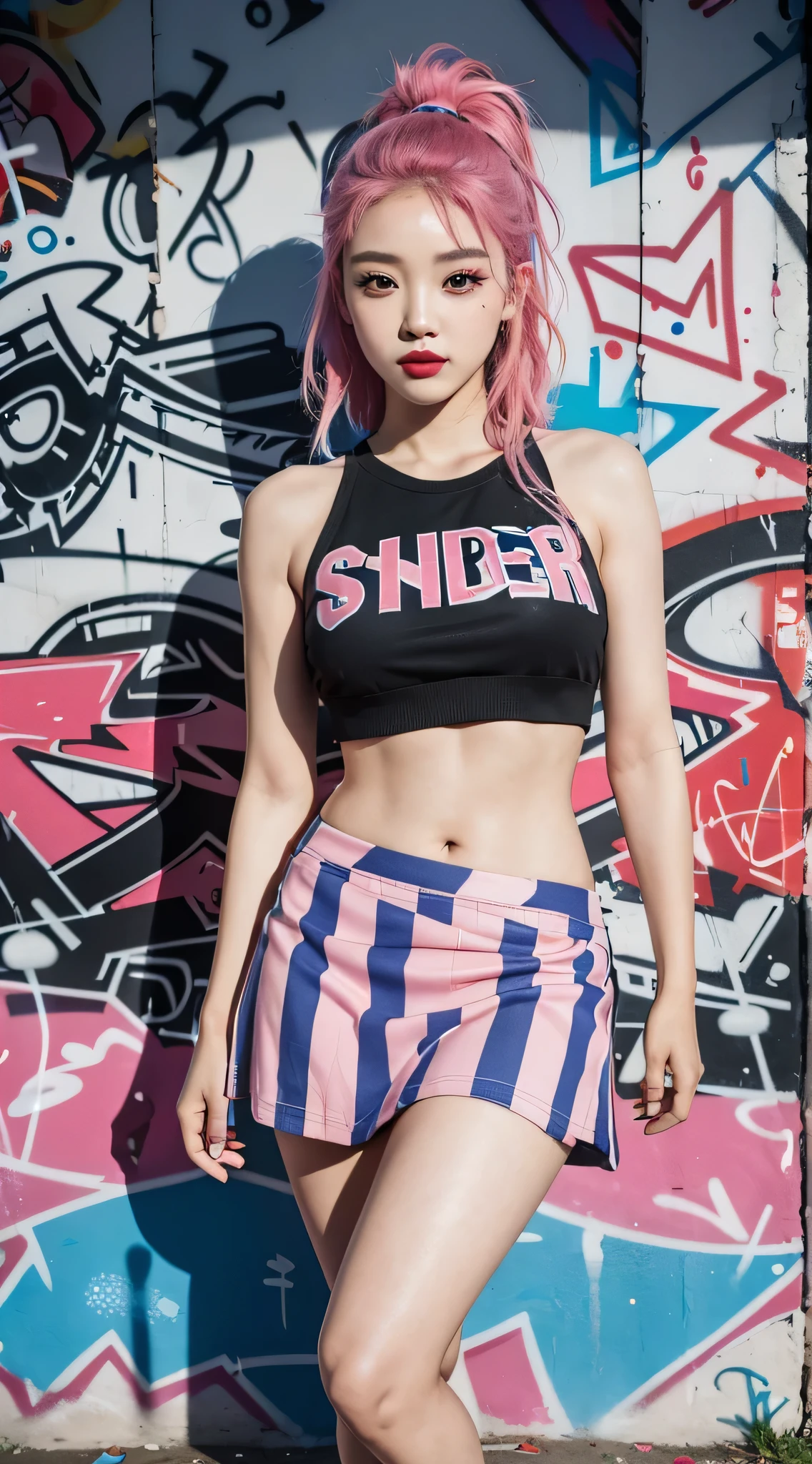best quality, Clarity, 4k, 8k, detail, actual, Beautiful Girl, Korean makeup, Red lips, pink and blue hair, Perfect body, thigh, stand, pose standing, medium chest, Graffiti crop top, Checkered striped skirt, Solid graffiti wall background, Graffiti art,