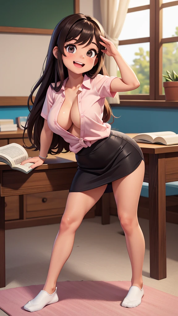 Ultra realistic s old, two girls, obra maestra, mejor calidad, alta calidad, defined, detailed, HD, (piel morena), ojos definidos, ojos cafes intensos, long eyelashes, small mouth, sonrisa, :D, very long hair, pelo liso, pelo oscuro, cuerpo reducido, bosom barely contained, big breasts, sexy, posando foto, estudio, mini skirt rosa, sin sostenes, no bra, excitada, pezones erectos, libros, sentada, leyendo, nice view, full body, nice body, pink, camisa blanca, camisa ajustada, abierto, mojada, sudada, caliente, tight, sonrojada, nice legs, no socks, sin flequillo, peinada hacia atras, teacher big breasts, pose lasciva, kiss student teacher, petites