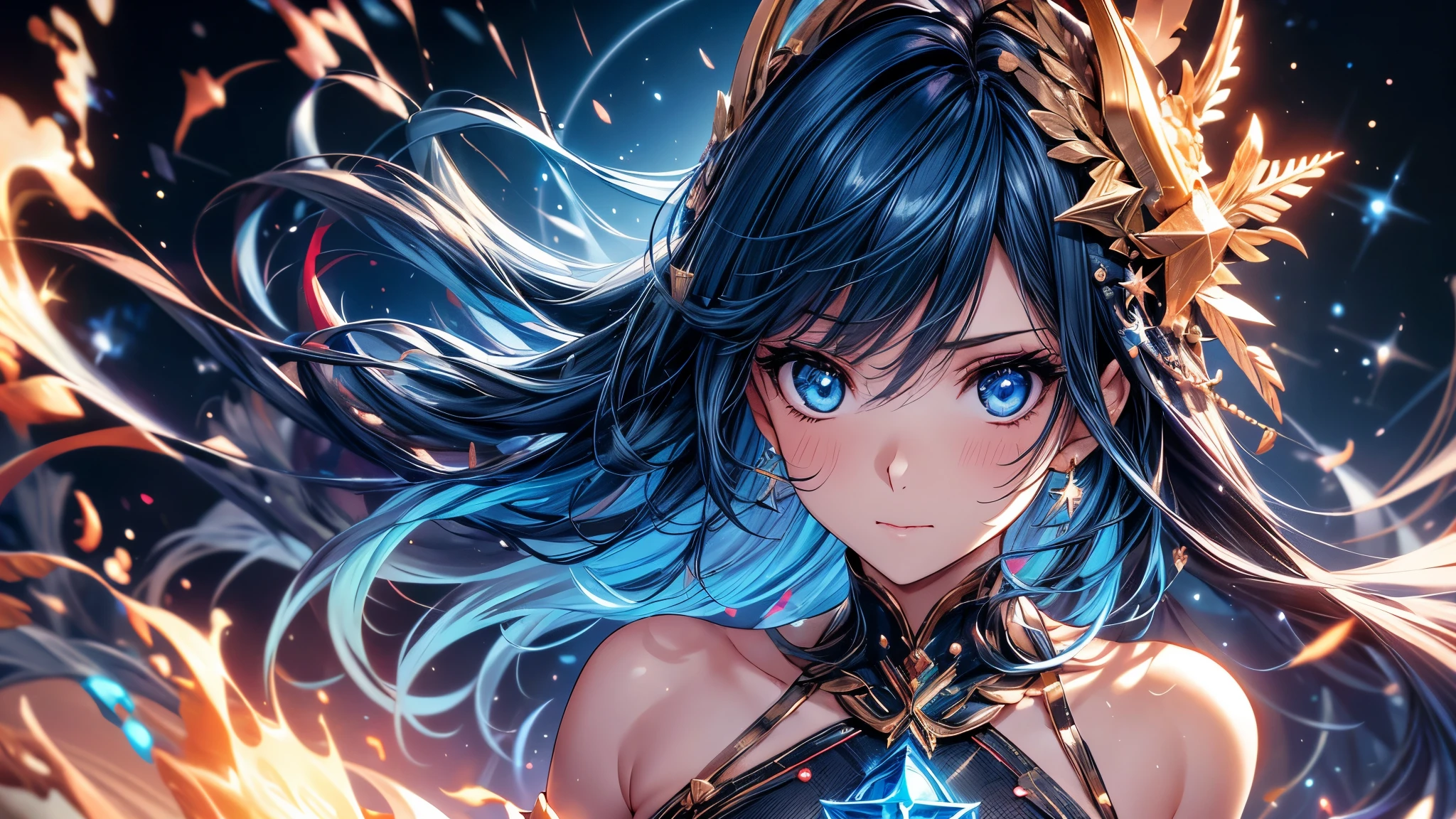 ( absurd , high quality , Super detailed, Be careful with your hands )Constellation-Sagittarius Goddess , similar to latin goodness . optimistic, fair, Funny and intelligent face . reckless, ruthless, impatient, Overconfident style . Deep blue eyes (Eye details) , Dark blue hair,shining , Sheer dress , In the starry sea , whole body , Fire , Chiron, Octane Render