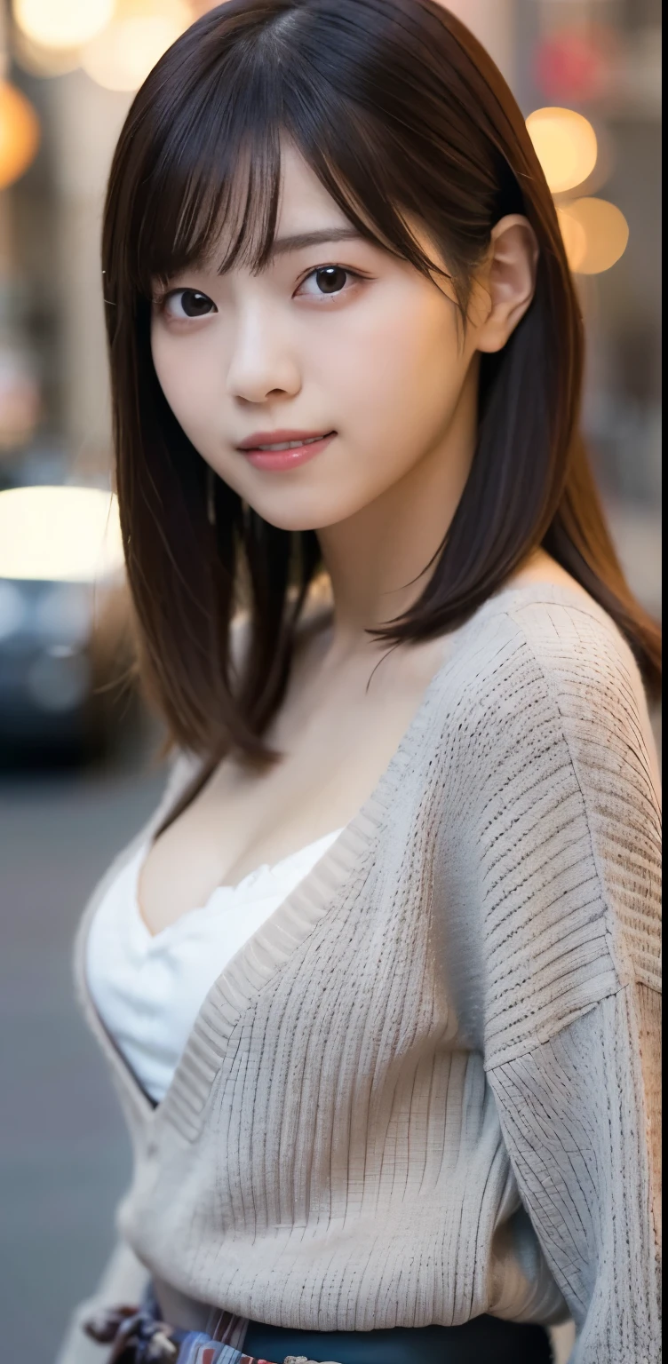 ((masterpiece)), ((highest quality)), (Very detailed), ((Very detailed)), 4K, (8k), highest quality, (beautiful), Genuineistic, Genuine, Dynamic Angle 0, Front view of a young and cute Japanese girl ,city, Gorgeous appearance ,Long Bob Hair ,1 girl, alone, ＶNeck sweater, Grey checked mini skirt, Brown boots, ((beautiful eyes)), Large Breasts、A little bit of cleavage is visible、 Big smile, Very cute face, Glossy Lips, Double eyelids on both eyes, Long eyelashes ,Natural Makeup, shiny smooth light brown hair of Long Bob Hair, Asymmetrical bangs, High resolution, Attention to detail, Detailed hairstyle, Detailed face, Cinema Lighting, Octane Rendering, hyper Genuineistic, Perfect limbs, Perfect Anatomy