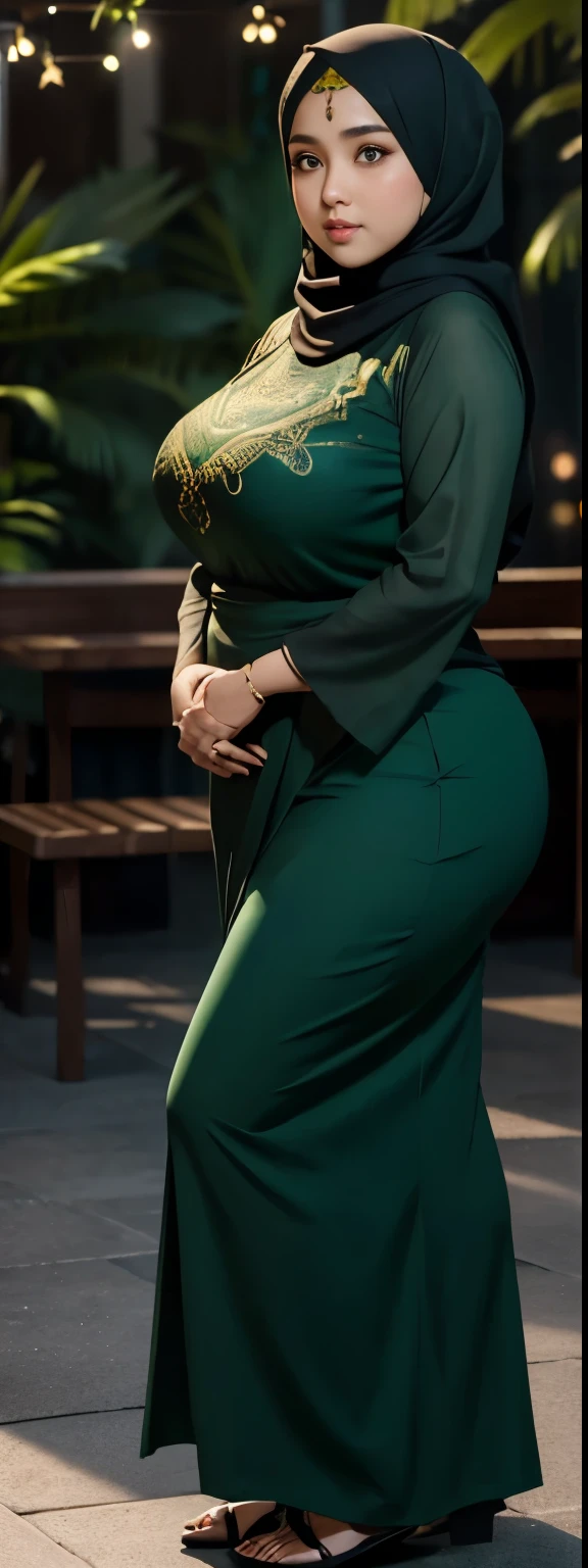 1 malay girl, modern plain hijab, shy, medium portrait, watery eyes, wearing dark green kebaya, ((big breasts)), black bokeh background, well-proportioned body,, chubby massive thighs, full body pose, Hena art on the body, hena art on full body, slightly fat body , voluptuous body , curvy body
