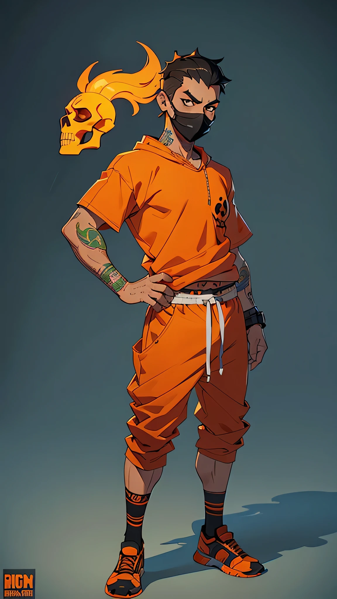 (high res) man, mexican tattoos, skinny, wearing an orange (prison uniform), (half-faced mask) (skull mask), front view, full body shot, standing still, 8k, high detail, sharp focus, trending on ArtStation, extremely detailed