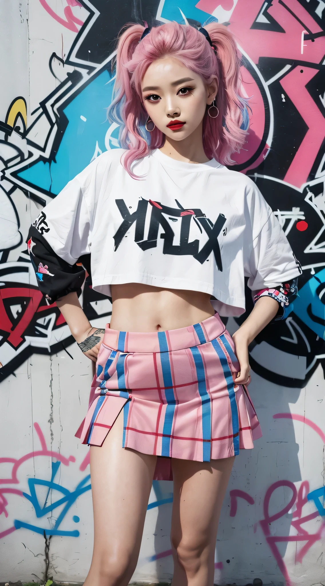 best quality, Clarity, 4k, 8k, detail, actual, Beautiful Girl, Korean makeup, Red lips, pink and blue hair, Perfect body, thigh, stand, pose standing, medium chest, Graffiti crop top, Checkered striped skirt, Solid graffiti wall background, Graffiti art,