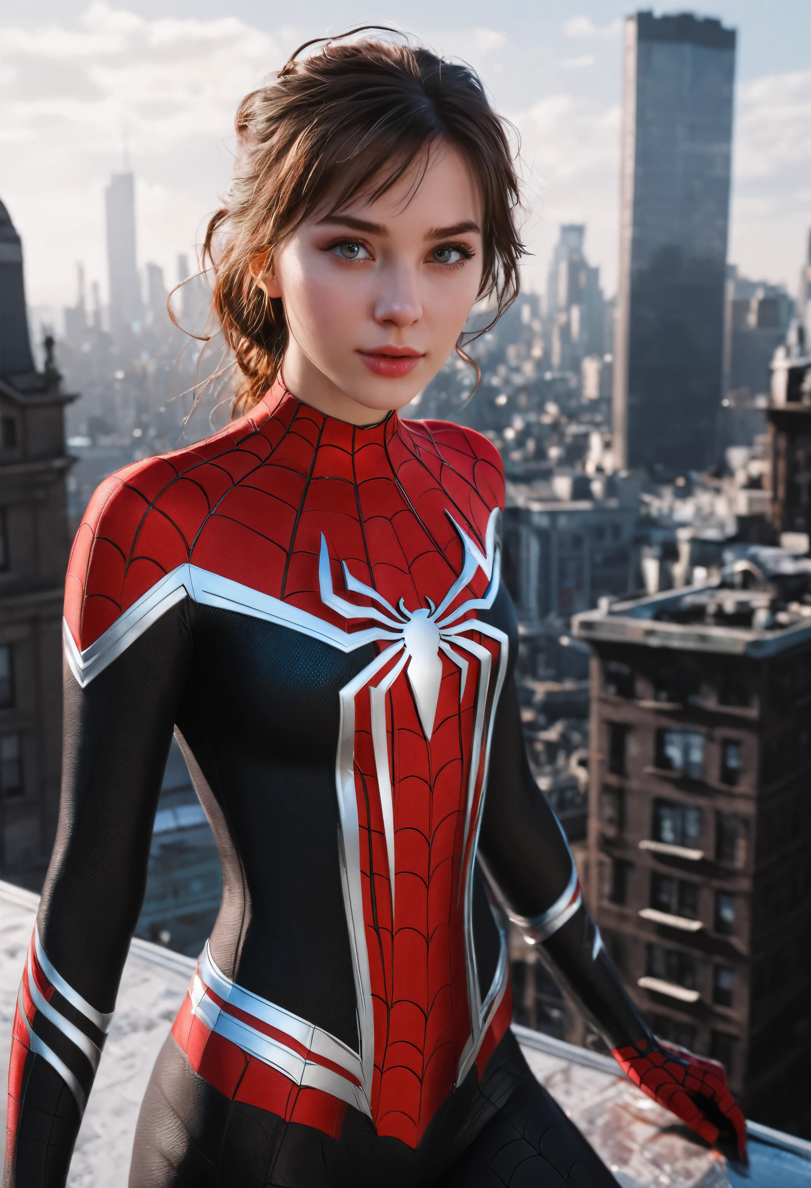 (1girl:1.3), Solo, (((Very detailed face)))), ((Very detailed eyes and face)))), Beautiful detail eyes, Body parts__, Official art, Unified 8k wallpaper, Super detailed, beautiful and beautiful, beautiful, masterpiece, best quality, original, masterpiece, super fine photo, best quality, super high resolution, realistic realism, sunlight, full body portrait, amazing beauty, dynamic pose, delicate face, vibrant eyes, (from the front), She wears Spider-Man suit, red and black color scheme, spider, very detailed city roof background, rooftop, overlooking the city, detailed face, detailed complex busy background, messy, gorgeous, milky white, highly detailed skin, realistic skin details, visible pores, clear focus, volumetric fog, 8k uhd, DSLR, high quality, film grain, fair skin, photo realism, lomography, futuristic dystopian megalopolis, translucent