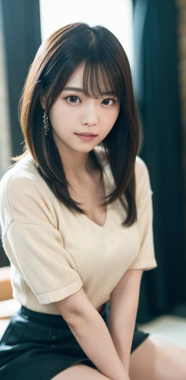 ((masterpiece)), ((highest quality)), (Very detailed), ((Very detailed)), 4K, (8k), highest quality, (beautiful), Genuineistic, Genuine, Dynamic Angle 0, Front view of a young and cute Japanese girl ,city, Gorgeous appearance ,Long Bob Hair ,1 girl, alone, VNeck sweater, Micro Mini Skirt,Voluptuous thighs、 ((beautiful eyes)), Large Breasts、A little bit of cleavage is visible、 sad, Very cute face, Glossy Lips, Double eyelids on both eyes, Long eyelashes ,Natural Makeup, shiny smooth light brown hair of Long Bob Hair, Asymmetrical bangs, High resolution, Attention to detail, Detailed hairstyle, Detailed face, Cinema Lighting, Octane Rendering, hyper Genuineistic, Perfect limbs, Perfect Anatomy