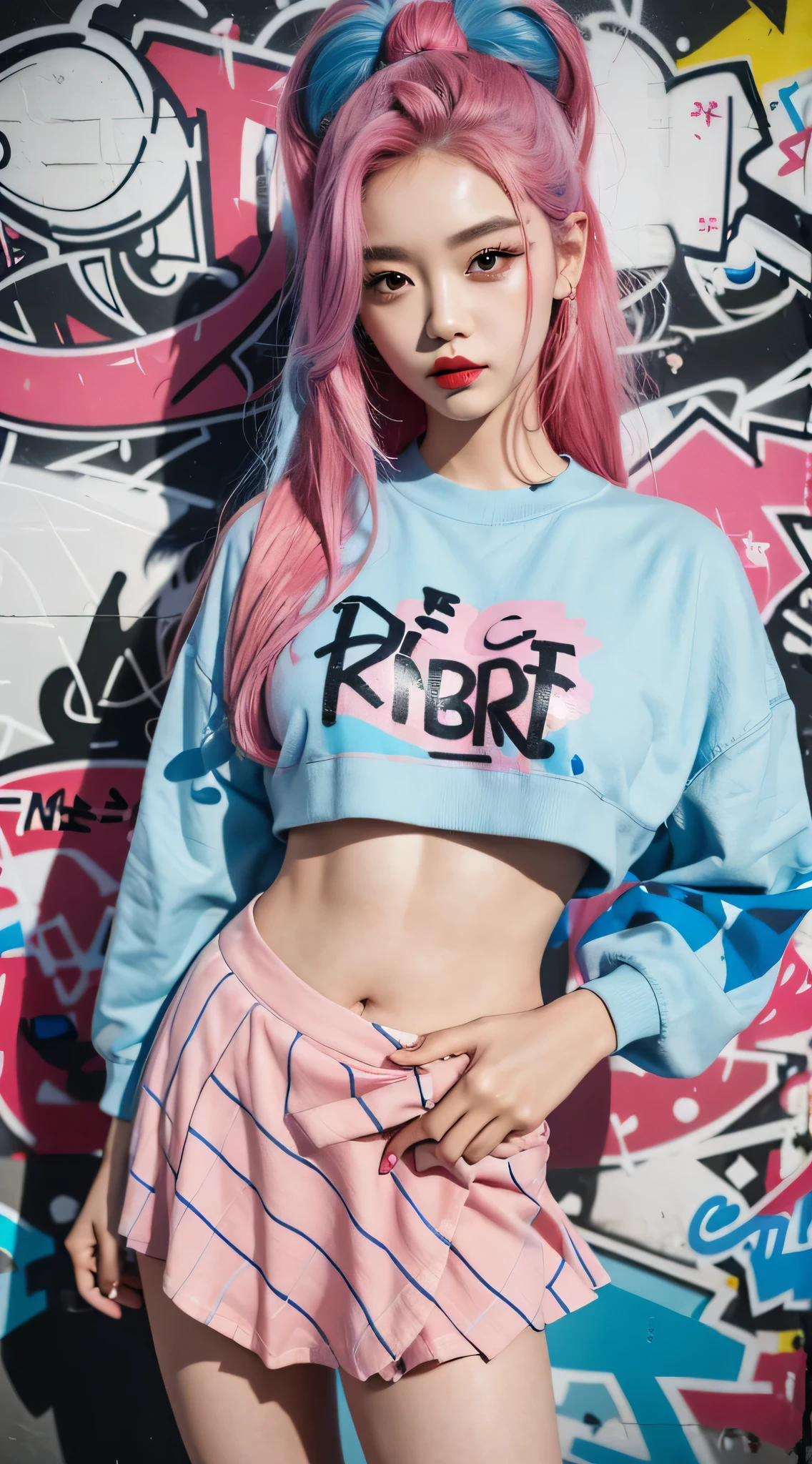 best quality, Clarity, 4k, 8k, detail, actual, Beautiful Girl, Korean makeup, Red lips, pink and blue hair, Perfect body, thigh, stand, pose standing, medium chest, Graffiti crop top, Checkered striped skirt, Solid graffiti wall background, Graffiti art,