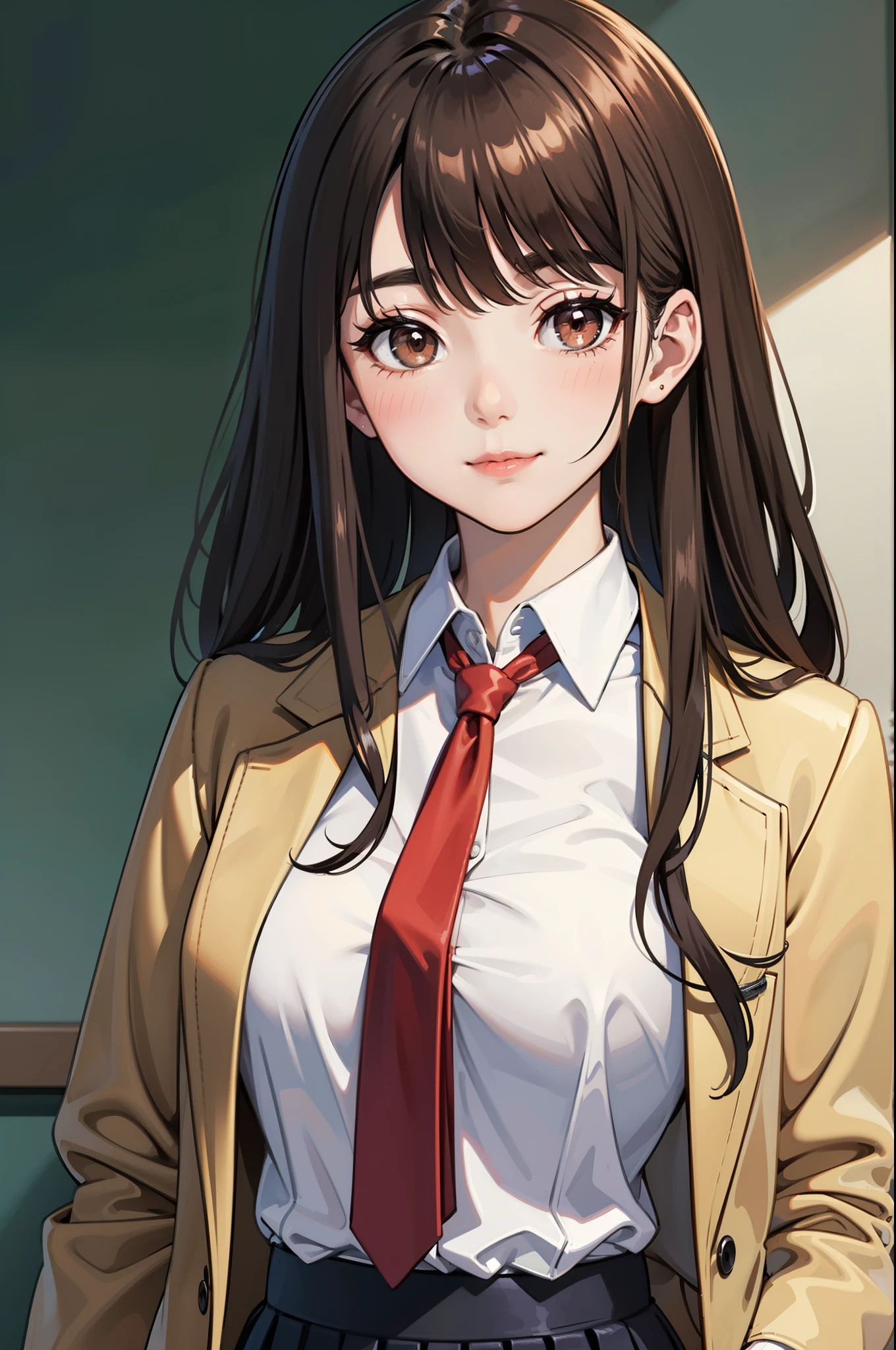 rating:safe, 1girl, solo, long_hair, brown_hair, jacket, brown_eyes, blush, red_neckwear, necktie, smile, blue_jacket, shirt, white_shirt, upper_body, eyebrows_visible_through_hair, looking_at_viewer, collared_shirt, school_uniform, closed_mouth, bangs, blazer, open_jacket, open_clothes, dress_shirt, long_sleeves