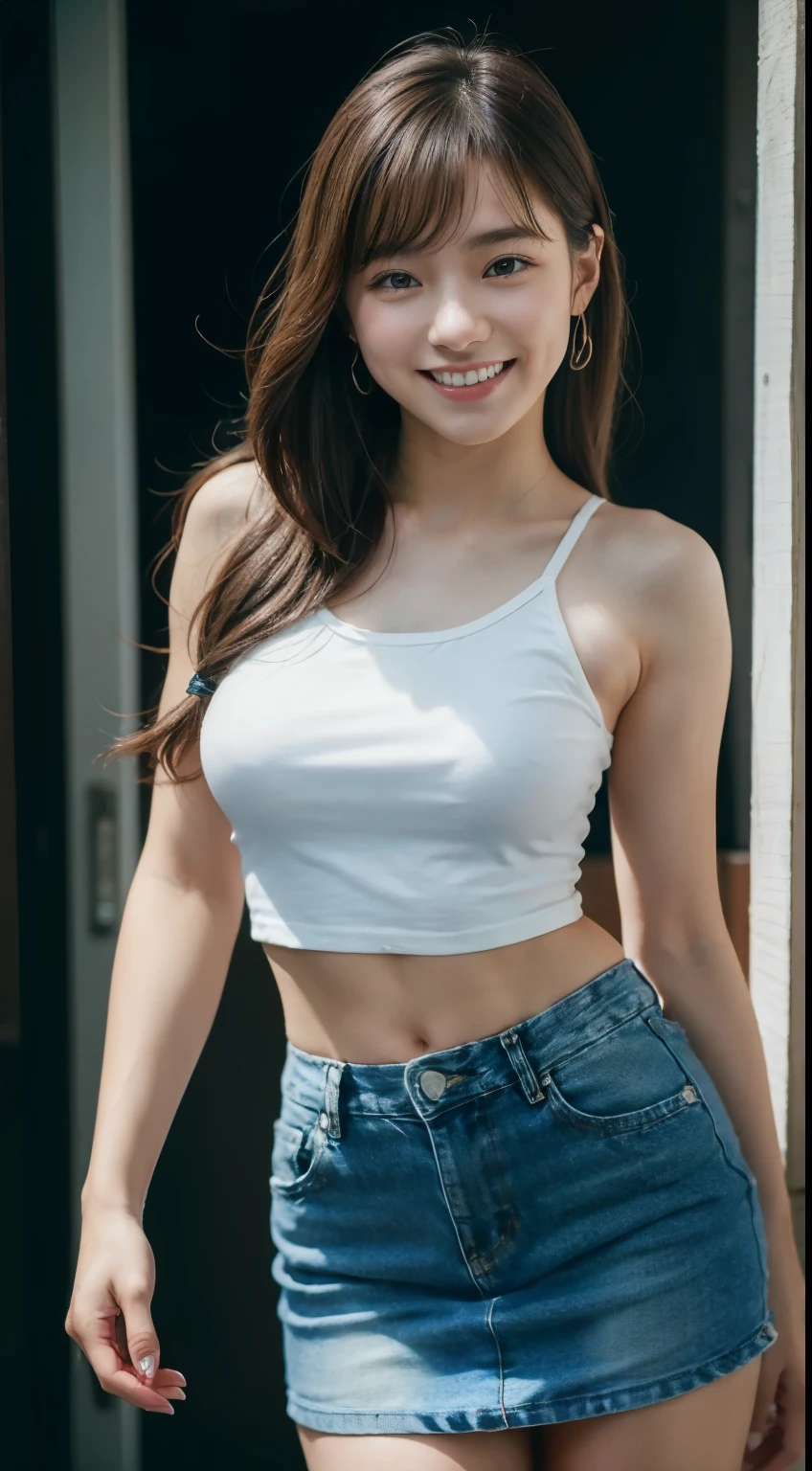 A very cute 20-year-old girl who looks as young as a 16-year-old idol, Smiling Kindly、Upper body naked, Denim mini skirt,Tha, Full body portrait, Natural light,  Accurate,  Anatomically correct,  Textured skin,  front lighting,  f/1.0mm,  fujifilm G FX 50R,  Regina Display,  Super Detail,  Attention to detail,  high quality,  最high quality,  High resolution, Real、Realスティック、Raw photo、Genuine、masterpiece、1080p,  hard disk,  4K,  8k, ギThaヒロイン, Let's Rock, Solo singer,live