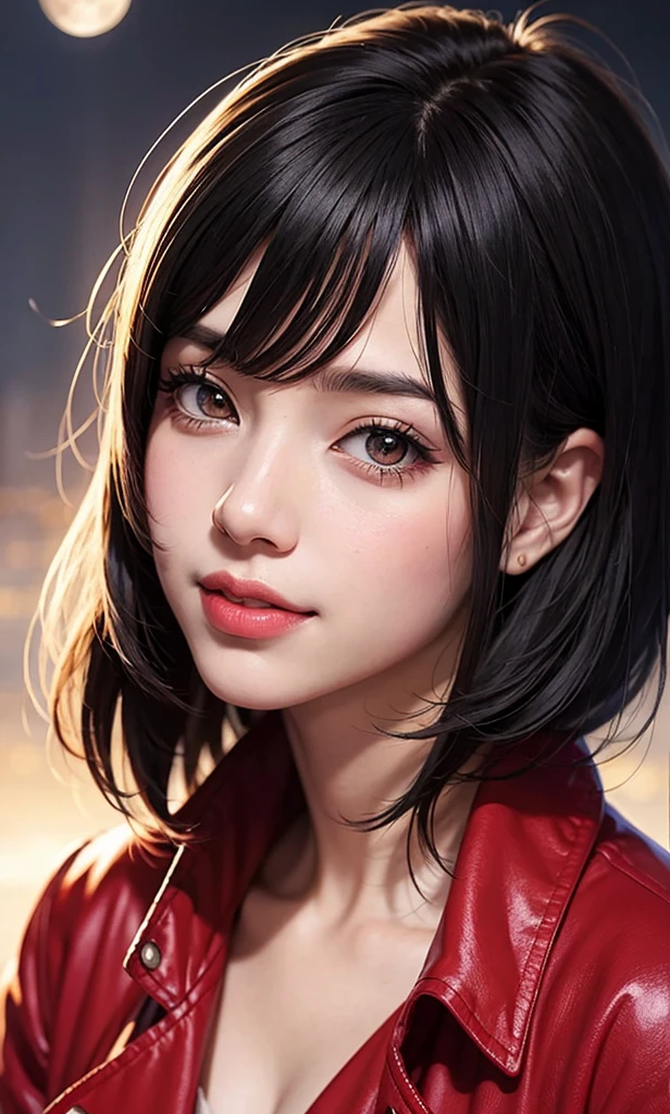 anime pictures, Beautiful woman, Red Jacket, shining, Full moon behind, Close-up portrait, Movie, Illustration painting 2D anime style, Black anime hair, Short hair,complete anime, very happy, Fantasy Background, Smile,