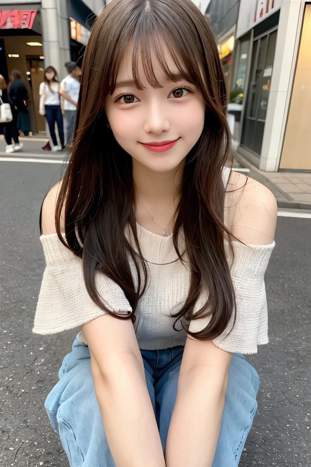High resolution, highest quality, Perfect dynamic composition, Beautiful fine details, Off the shoulder、Shiny Hair、Medium Hair, Natural color lip, university student、Harajuku、smile、Crouching、M-shaped feet