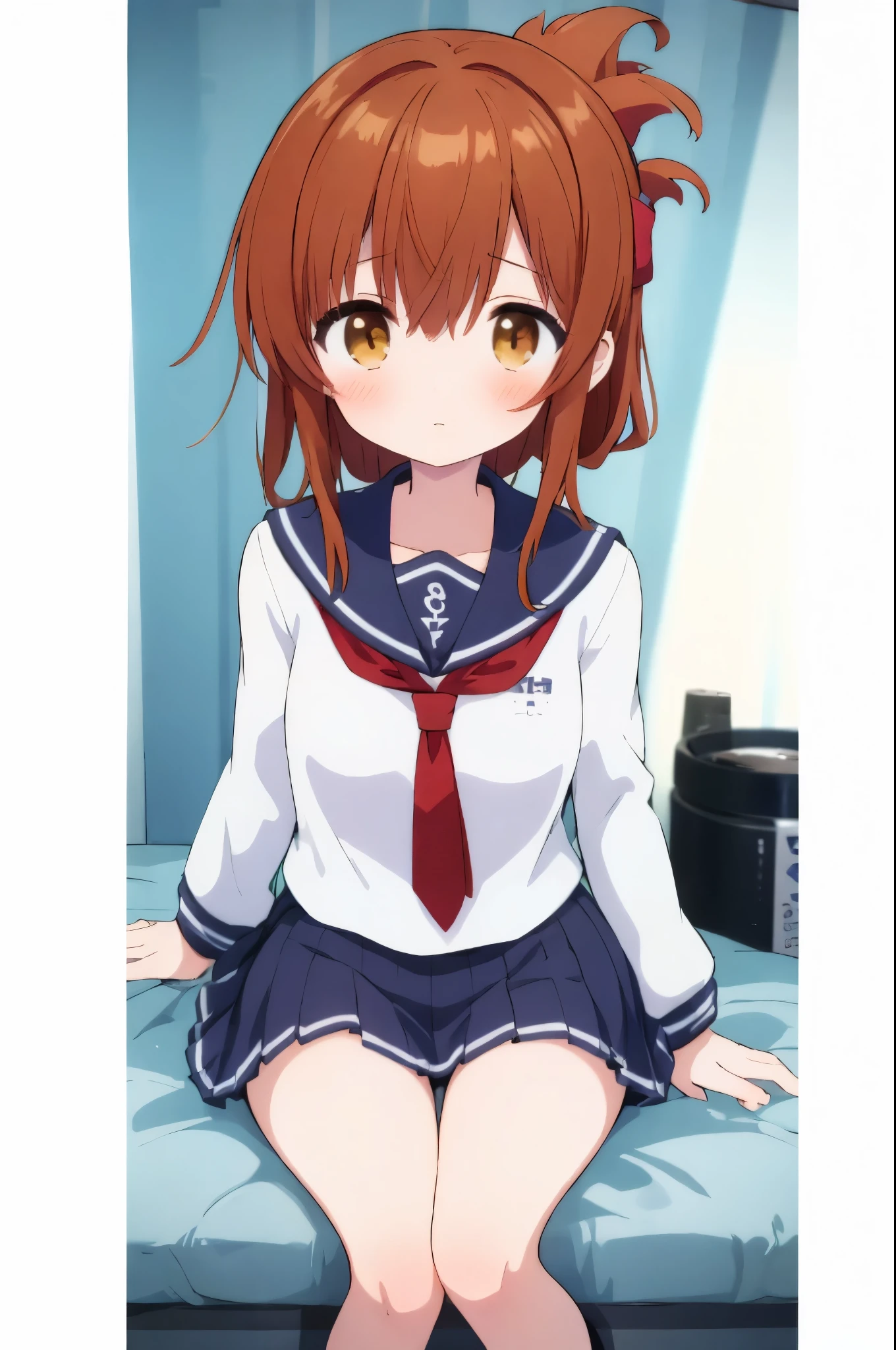 An unwell high school girl wearing a miniskirt sailor suit in the health room(masterpiece, best quality:1.2),illustration,8k,hd,1girl,solo,upper body,(portrait:1.2),brown_hair,folded_ponytail,brown_eyes,serafuku,long_hair,school_uniform,skirt,pleated_skirt,