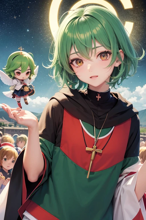 (GUMI: 0.8), stocky, anime, (Tengu: 0.8), messy short hair, fortune teller, green hair, Angelic French doll, Priest, poncho, Gospel, to face a headwind, Messiah, (carnival: 0.8), cold, (resistance: 0.8), Yu-Gi-Oh