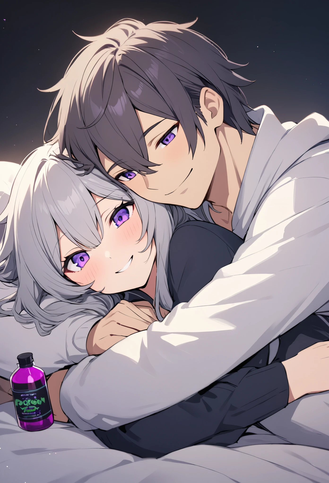 Gray-haired man, poison, smiling, Purple eyes, cuddling, beautiful girl, dark hair