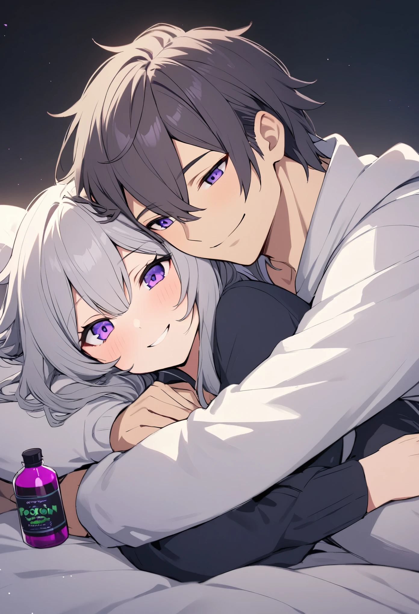 Gray-haired man, poison, smiling, Purple eyes, cuddling, beautiful girl, dark hair