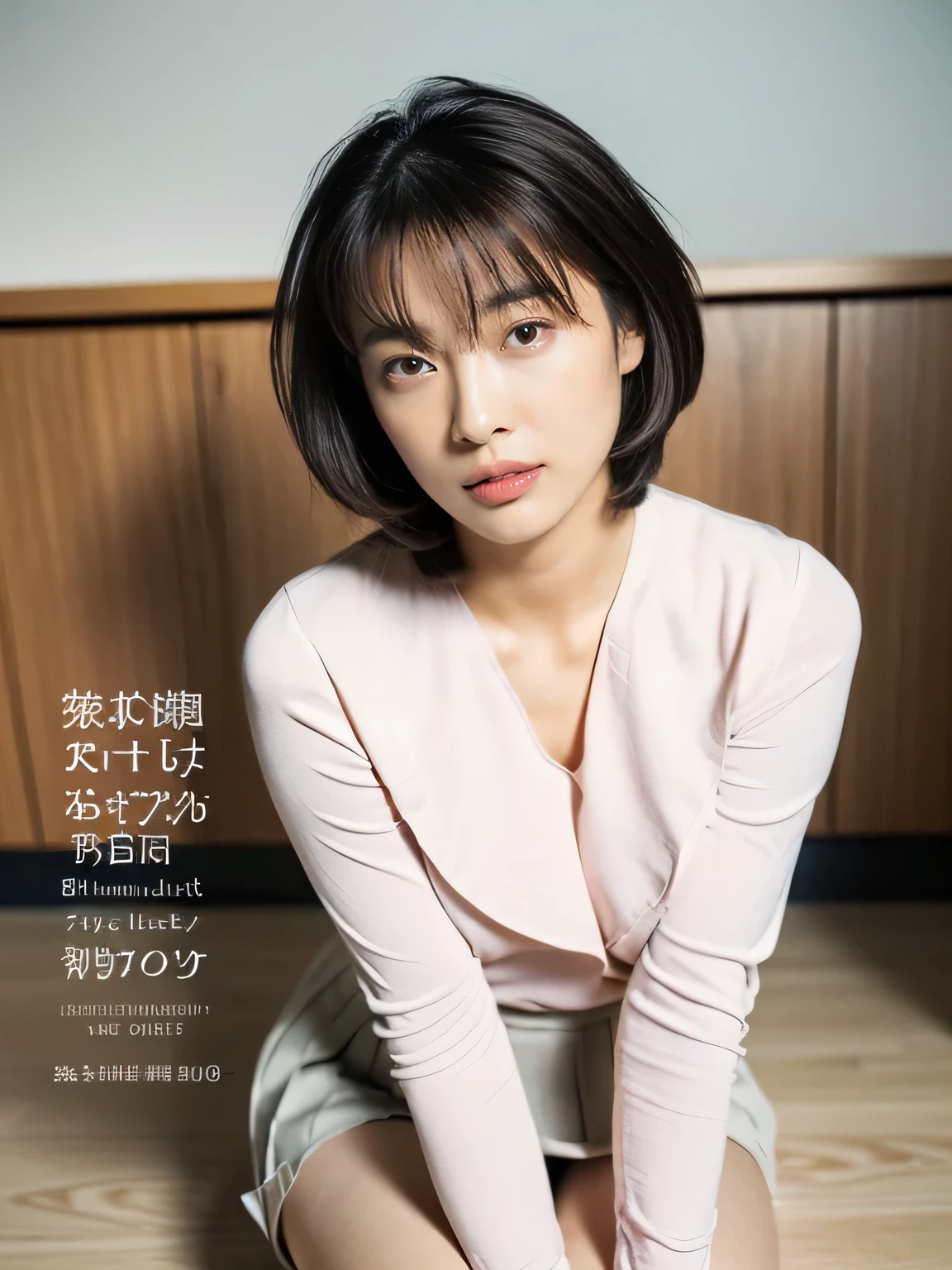((whole body from thighs:1.5)), ((Photorealism)), 
((highest quality, 8k, masterpiece: 1.3)), Perfect body beauty: 1.4, (Breast A cup:1.5), Small breasts, Round shaped breasts, Perfectly shaped breasts, Highly detailed face, Beautiful woman, Slim face, Highly detailed face and skin texture, Highly detailed lips, highest quality, masterpiece, 超A high resolution, (Realistic:1.4),

((32 years old, Beautiful female teacher)),
((trench dress, Long sleeve crew neck T-shirt, Tight pleated skirt, Do not expose skin:1.5)),
((Cute Earrings, Silver Necklace)),

((High school classroom, Sitting on the floor, I can see your beautiful thighs:1.5)),
((Sexy atmosphere, Gaze seducing a man, hold out your lips, A sigh escapes:1.2)),

((Point slightly upwards)),
((Squint your eyes)), 
((purse your lips:1.2)),
((Blushing:1.2)),
((Open your mouth a little to show your white teeth)), 
((Body facing forward)), 
((Breast enlargement, Beautiful breasts, Cover your chest with your palms)), 

Narrow shoulders, Long, slender legs, 
Ultra-detailed skin, Glossy Skin, Ultra detailed face, 
Ultra-detailed eyes, Slit eyes, Brown eyes, double eyelid, Beautiful thin eyebrows, Thin, long eyelashes, 
Ultra-detailed lips, Fuller lips, Glossy pink lips, Flushed Cheeks, White teeth, 
Beautiful actress&#39;s languid make-up, Pink lipstick, Smoky eyeshadow, Eye foundation, 
Dark brown hair, Delicate and soft hair, Hair blowing in the wind, 
(Elegantly putting your hair up, short hair, Straight Hair:1.5), Layered Cut, (Blunt bangs:1.2),
