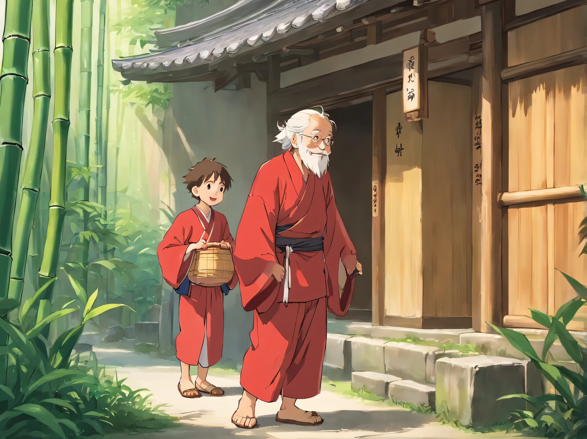 Vestindo roupas marrons Zhuang, The old man stretched out his left hand and invited the boy into the bamboo building（Imagem do velho：Roupas marrons，Fino e enrugado，Tem uma longa barba，sorria。）。Menino de 15 anos vestindo fantasia vermelha de Zhuang。（imagem de menino：roupas vermelhas，Leve uma bolsa，Jovens garotos）Stand in front of the bamboo building。Levante-se e converse com um velho（The image shows an old man smiling kindly and inviting the boy into the bamboo building）
