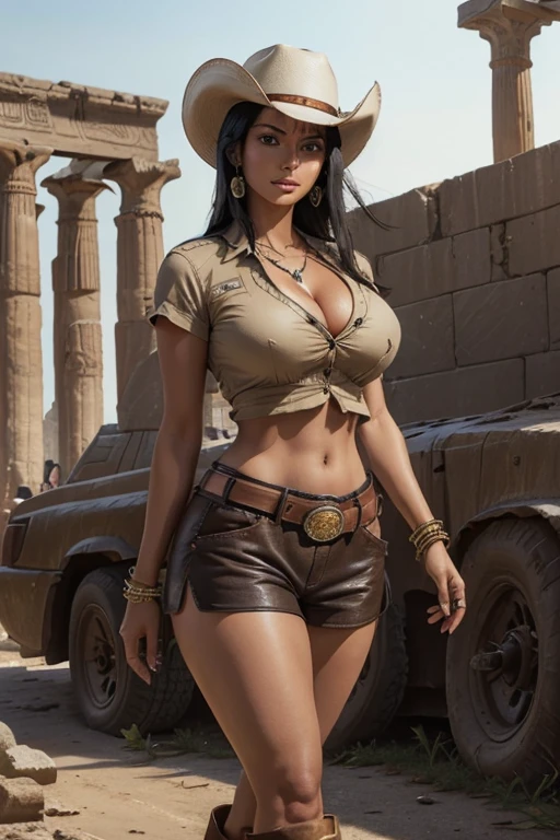 (masterpiece), best quality, expressive eyes, perfect face, Nico Robin in Egyptian ruins, (Egyptian Ruins background), (walking), (smirk), (closeup view), (1girl, Nico Robin face, dark skin, tanned skin, tan, black hair, bangs hairstyle, brown eyes, hourglass figure, thick body, curvy body, large breasts, huge breasts, oppai, large cleavage, wide hips, thick thighs, (tight fit clothes, beige button shirt, rolled-up sleeves, croptop, exposed cleavage, brown leather shorts, cowboy boots, brown cowboy hat, tribal jewelry, tribal armlets, tribal earings, tribal necklace, tribal bracelets, hip belt, thigh satchel),