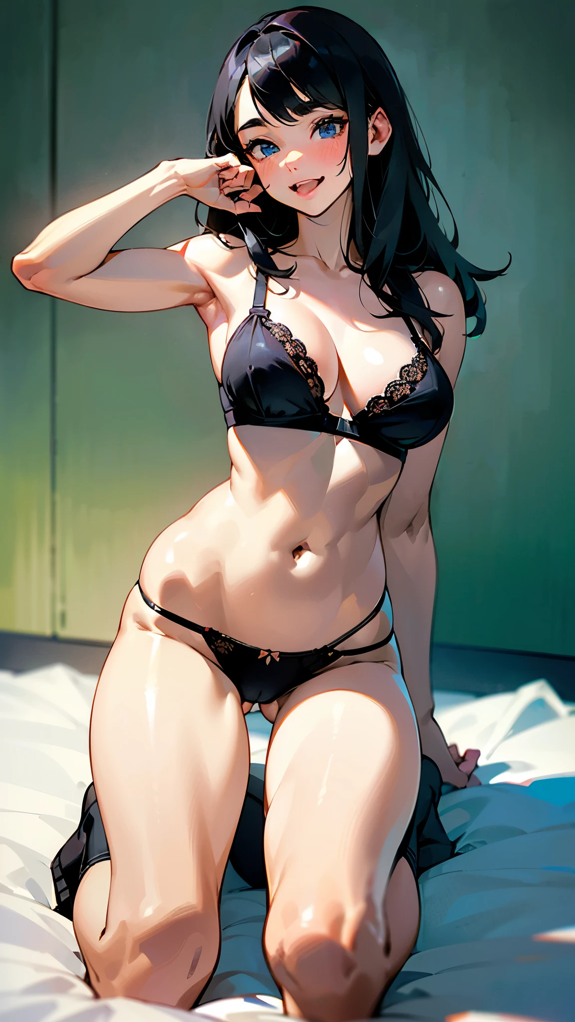 (Realistic:1.3), (masterpiece:1.2), (photoRealistic:1.2), (highest quality), (Detailed skin:1.3), (Intricate details), ((1 woman))、20 years old, Detailed skin texture,
(blush:0.6), (((shy face))), (smile) on the bed
Charm, Black Hair, Straight Hair, shoulder length Hair, Calm hair, With bangs, Hair volume is low,
Blue Eyes, Lens Eyes, high light in the eyes, two Feet, Two hands, Knee socks, ((kneel down)), ((angle from below)), ((Black thong panty)), (Black Bra), gap in bra,
Depict from waist to head, Perfect limb length, 1 person, (Wearing only underwear), Perfect body balance, Less muscle, Body Thickness, (big boobs), good leg length, in the room, (((Imitating))), (((opened mouth))), (Sticking out tongue), (((Make an OK sign in front of your mouth))), Fat, cleavage of chest, (kneel down)