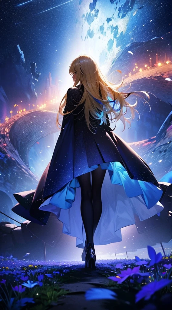 １people,Blonde long-haired woman，Blue long coat， Dress Silhouette， Rear View，Space Sky, Flower Field，Colorful flowers，Flying petals，
