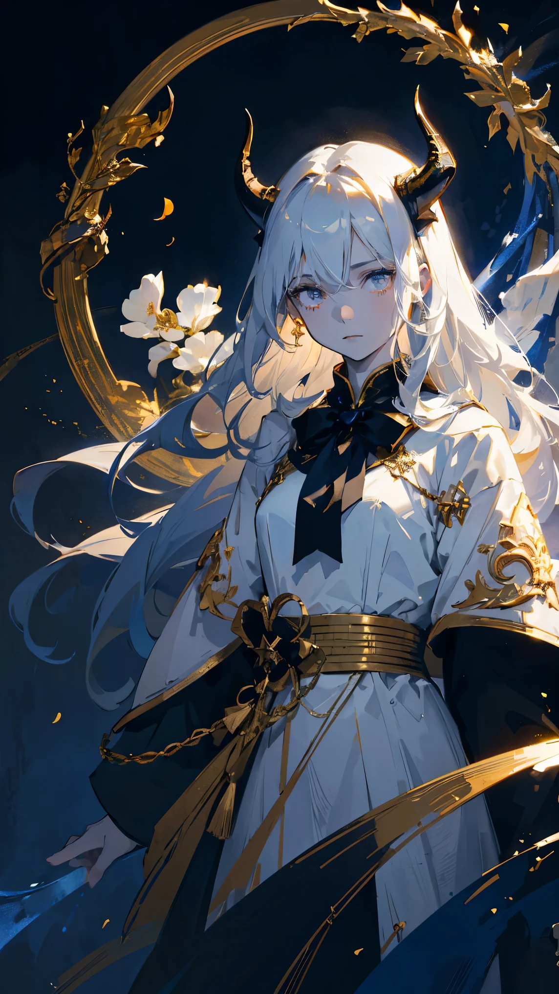 Seven Reas (delta), Ancient Star God, perfect female anatomy (Adult females, Height 166cm, Pale skin, slim的, slim, 34D bust, Gray Eyes, Black long straight hair, Beauty mark on right cheekbone, She has a pair of black horns on her head), Neutral facial expression, Elegant white dress with black bow tie, Blue knee-length coat, Dragon Pattern, Gold and rope accessories, Simple black background, Receive light from the front, Ethereal Light, Blue petals