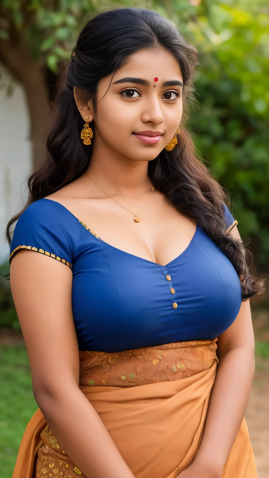 Outdoor image of 21yo  in school school photo in school masterpiece, (photorealistic:1.7), best quality, Eleanor Latino Woman 20 years Old ,  hair Bun, long-haired extreme , disheveld hair curly hair  ,wearing Indian  Tamil Western kurti. Round face, closeup view , big round breast , Tamil girl ,real face ,( Brown colour skin), seductive , realistic shadow , Tamil girl ,((soft very big cheeks))