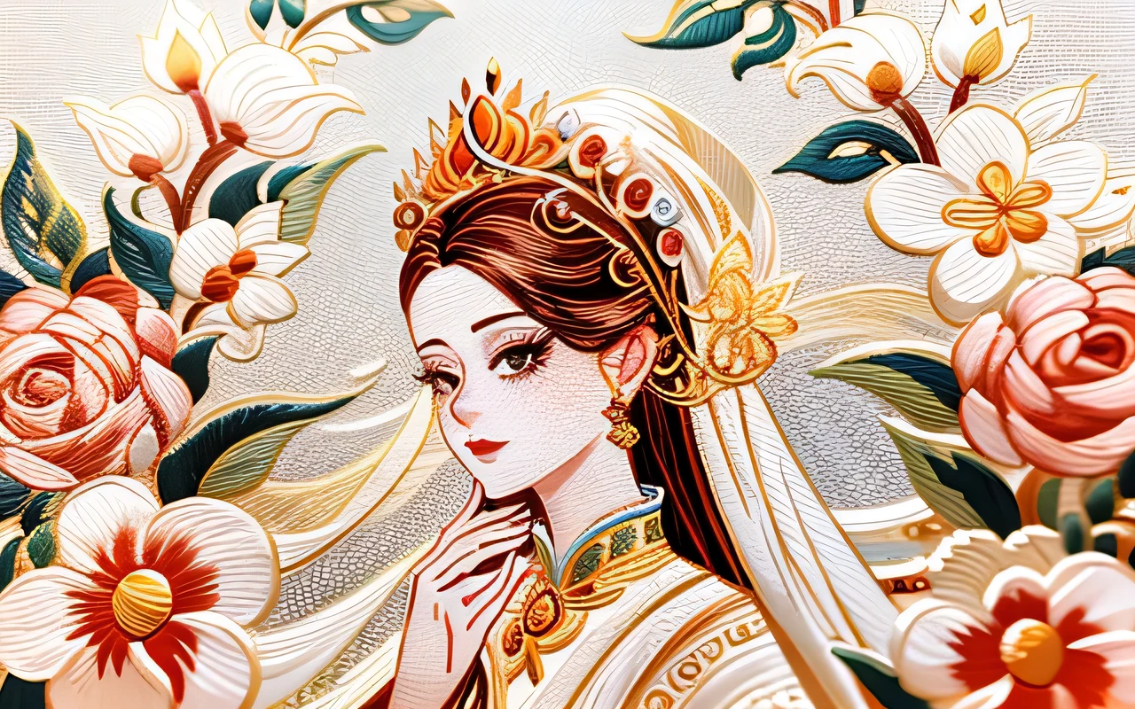 Bride ', Veil with Fine embroidery, Blanche, beautiful stitched hem, Rococo pattern, silver thread embroidery on white background, decorated with pearly beads, close-up photo of beautiful bride ', Veil on wedding day, studio lighting, photographed by professionals, masterpieces,