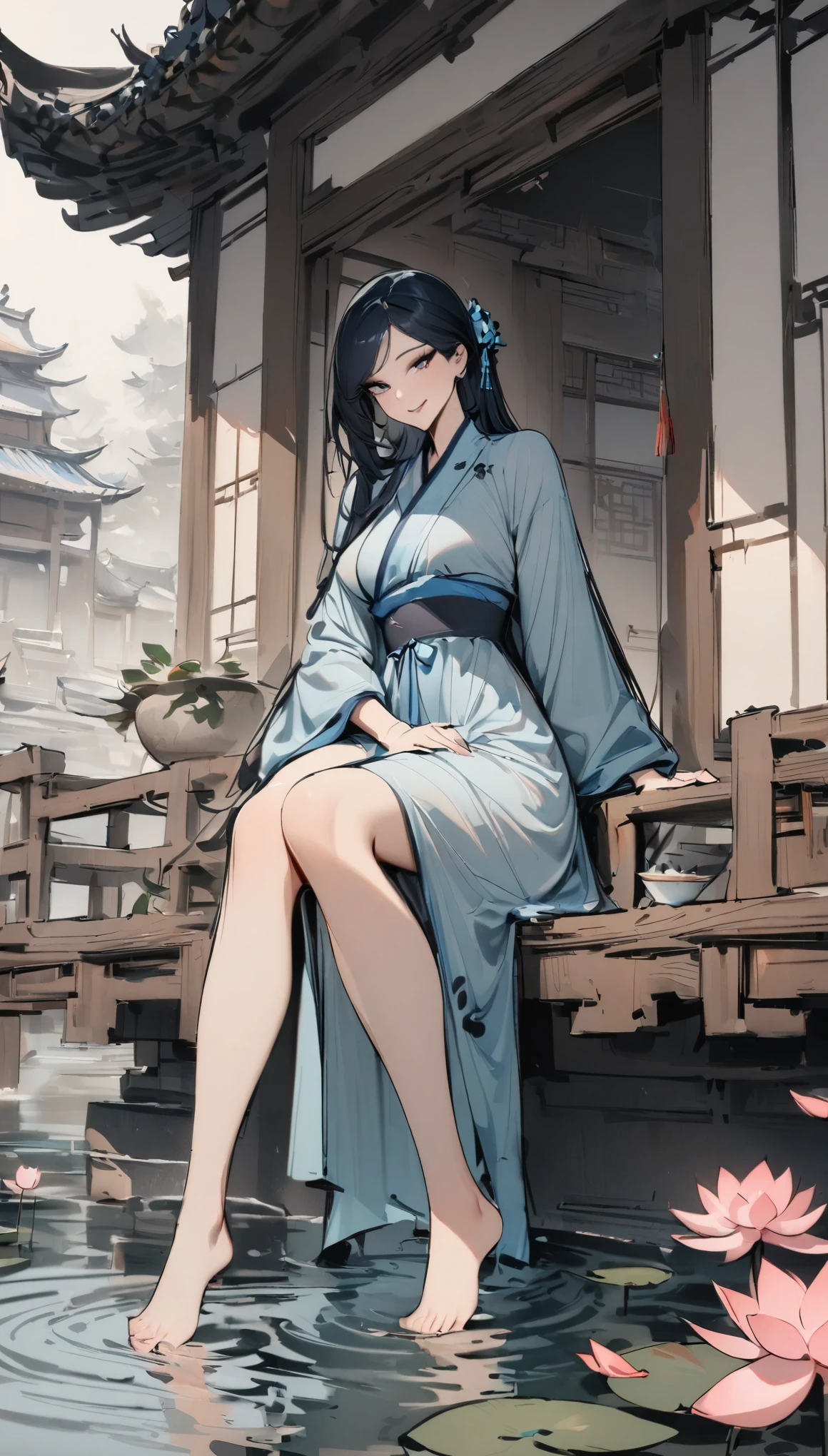 ((4K,masterpiece,best quality)), Bisim, Traditional Chinese ink painting, lotus,  Hanfu, maxiskit, Dress conservatively 1girl, Solitary, Blue long hair, Smile, permanent, feet in water, barefoot,
 