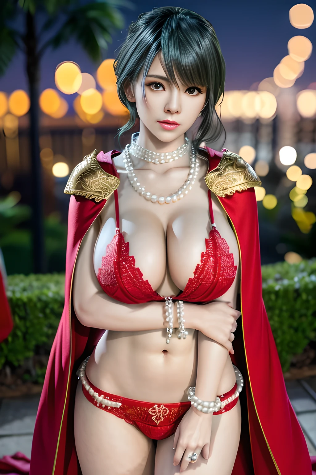 1 girl,lean over WINK,(Wearing Wedding Dress:1.2) ,(Wearing Jewel:1.2) ,( red lace_cloak:1.3),(Fluffs :1.4),(pearl bodychain:1.3),garden,nighttime,moon,( huge breasts ),cleavage,shiny skin,lip gloss,tattoos, masterpiece, best quality, realistic ,Surrealism,Rich artistic colors,natural colors art in 8k,3D,Portrait art,solo, tamaki