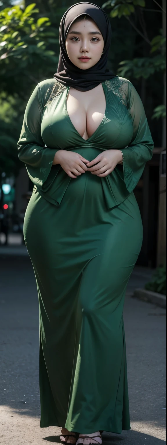 1 malay girl, modern plain hijab, shy, medium portrait, watery eyes, wearing dark green kebaya, ((big breasts)), black bokeh background, well-proportioned body,, chubby massive thighs, full body pose, Hena art on the body, hena art on full body, slightly fat body , voluptuous body , curvy body