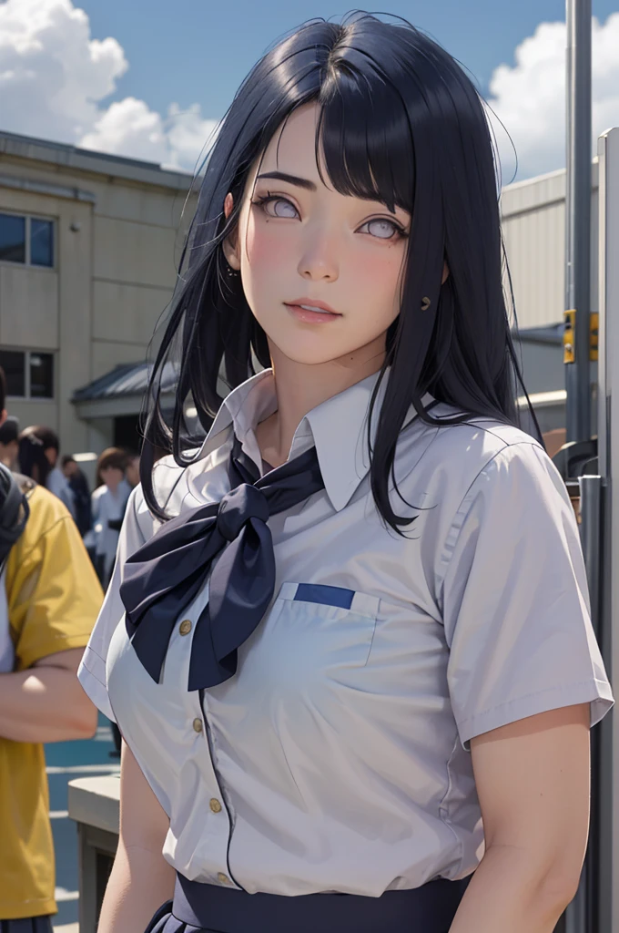 masterpiece, hinata\(boruto\), 1girl, solo, young female, ((((high school uniform)))), (high School), outdoors, looking at viewer, cloudy sky, perfect composition, detailed lips, school building, big breast, beautiful face, body propotion, blush, (pink lips), ((long hair)), purple eyes, soft gaze, sad smile, super realistic, detailed, photoshoot, realistic face and body, realistic hair, realistic eyes, realistic nose, realistic lips, (((dark blue hair))), 25 years old girl, flowing skirt