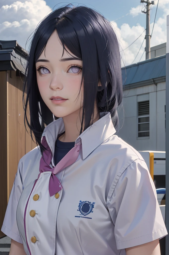 masterpiece, hinata\(boruto\), 1girl, solo, young female, ((((high school uniform)))), (high School), outdoors, looking at viewer, cloudy sky, perfect composition, detailed lips, school building, big breast, beautiful face, body propotion, blush, (pink lips), ((long hair)), purple eyes, soft gaze, sad smile, super realistic, detailed, photoshoot, realistic face and body, realistic hair, realistic eyes, realistic nose, realistic lips, (((dark blue hair))), 25 years old girl, flowing skirt
