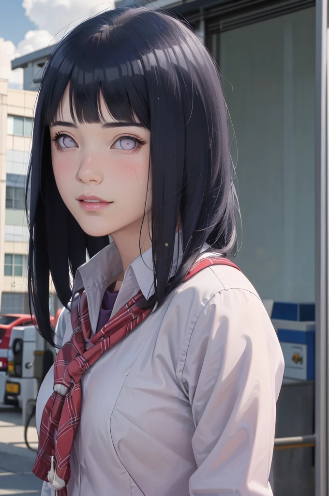 masterpiece, hinata\(boruto\), 1girl, solo, young female, ((((high school uniform)))), (high School), outdoors, looking at viewer, cloudy sky, perfect composition, detailed lips, school building, big breast, beautiful face, body propotion, blush, (pink lips), ((long hair)), purple eyes, soft gaze, sad smile, super realistic, detailed, photoshoot, realistic face and body, realistic hair, realistic eyes, realistic nose, realistic lips, (((dark blue hair))), 25 years old girl, flowing skirt