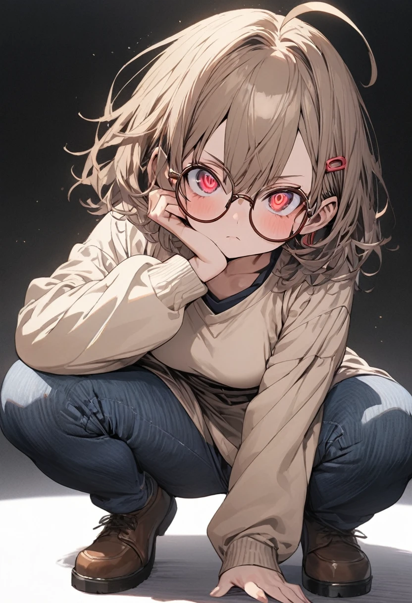 masterpiece, best quality, extremely detailed, high resolution, Japanese anime,1girl, brown hair, short hair, 1colorful hearclip, messy hair, ahoge, red eyes, (Stinking eyes), squinting, (brown frame under rim glasses), (beautiful detailed eyes:1.2), 20 -year-old , tall height, original character, fantasy, full body, (black background:1.2), beautiful fingers, squatting, beige cardigan, medium blue T-shirts, denim pants, shoot from front, looking at viewer, medium shot