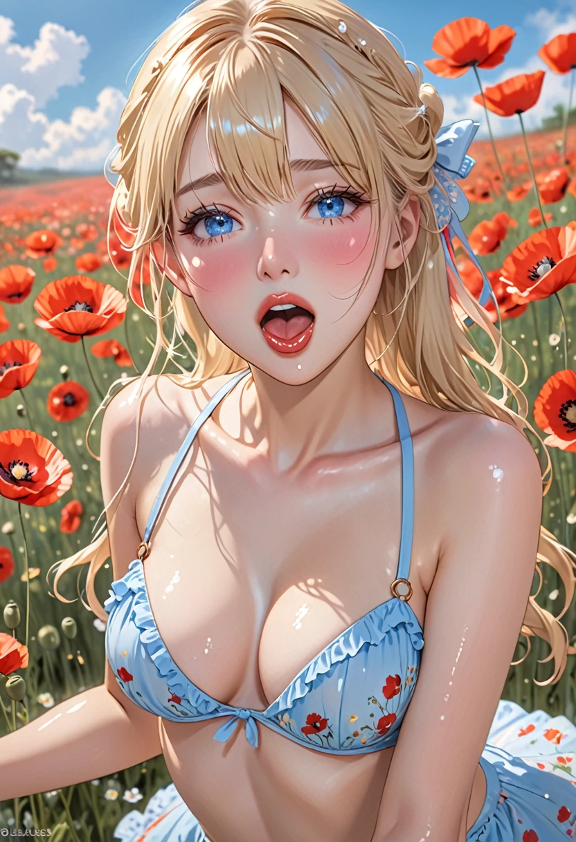 One girl, alone, elegant hair (whole body: 1.1), (Looking at the audience: 1.1), Young African Boy, Tight tiny bikini, Wild poppies swaying in the wind, movie , sweet_ta, highest quality, masterpiece, Blonde, blue eyes. Open your mouth,,Exquisite mouth,((Ejaculation in the mouth)),Delicate,mouth,Highly detailed face,blush,Shiny wet skin,Normal tongue,Don't stick out your tongue,Pink Lips,Delicate lips, ((All over the face, mouth and cheeks))