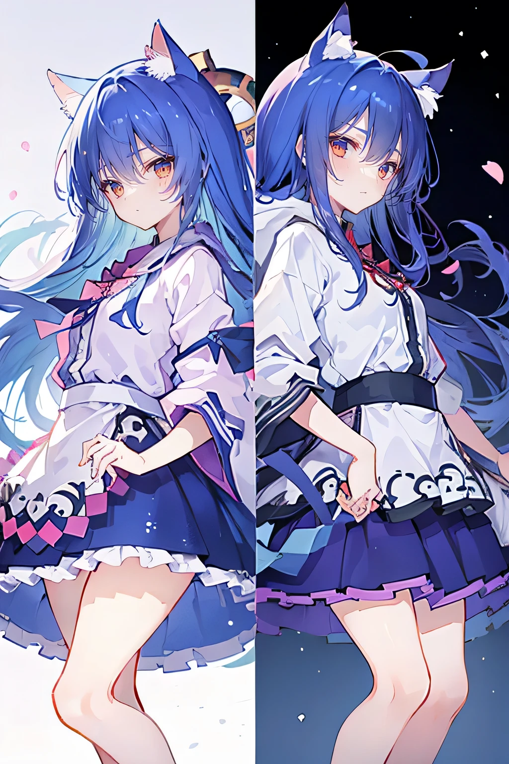 （masterpiece：1.2），Super detailed，lifelike，Expressive eyes，fair skin，perfect face shape，1 girl，
Japanese comics,Gorgeous blue hair,flowing blue hair,flowing clothes,Cat ears,Petals fall,beautiful lola,Baby Angel,
Shaking head with one hand，Cross your legs，Gentle and peaceful background，The pavilion is cool and comfortable,smile, wearing hoodie, background of tokyo,back views,snowing, winter.