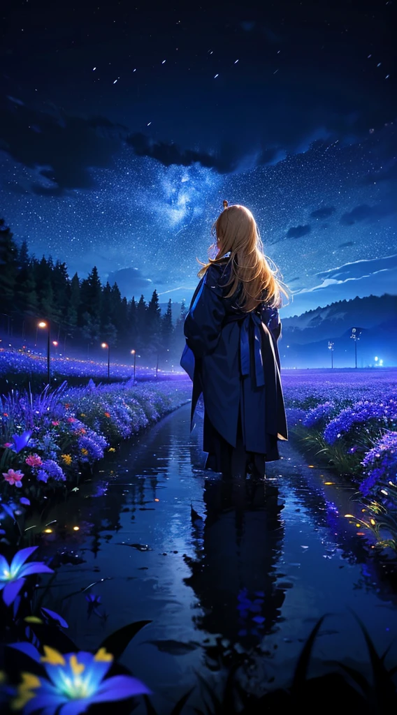 １people々々々々々,Blonde long-haired woman，Blue long coat， Dress Silhouette， Rear View，Space Sky, Flower Field，Colorful flowers，Countless fireflies flying around，