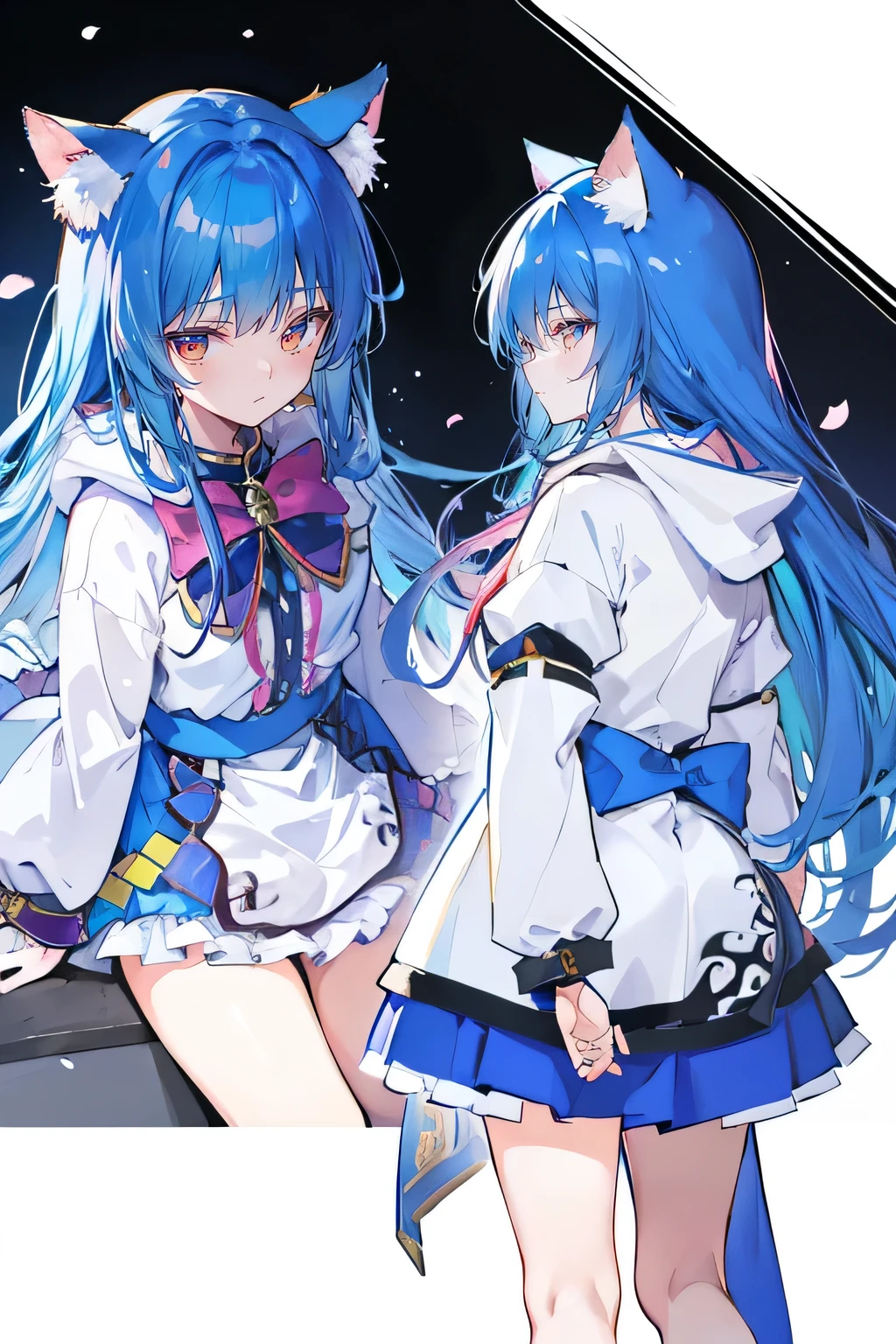 (masterpiece:1.2),Super detailed,lifelike,Expressive eyes,fair skin,perfect face shape,1 girl,
Japanese comics,Gorgeous blue hair,flowing blue hair,flowing clothes,Cat ears,Petals fall,beautiful lola,Baby Angel,
Shaking head with one hand,Cross your legs,Gentle and peaceful background,The pavilion is cool and comfortable,smile, wearing hoodie, background of tokyo,back views,snowing, winter.