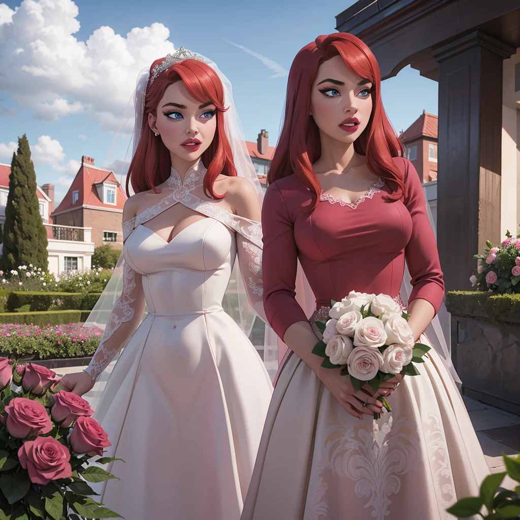 Wedding day, dreamy garden of pink flowers, bride red hair, heavy makeup, eyelashes, red lipstick, crystal blue eyes, high detail white wedding dress, sexy breasts, pink damask roses garden background, amazing sky, waiting for the groom , full body,
