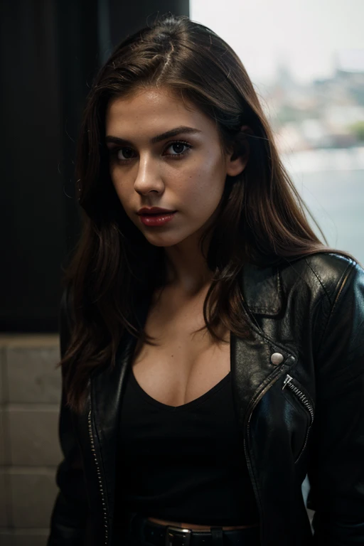 18 year old girl, long leather pencil skirt, leather jacket, medium breasts, red lips, green eyes, medium eyelashes, medium nose, medium ears, thick eyebrows, long redhair, looks away, natural skin, moles on skin, (cinematic, film grain: 1.1) smile, dynamic body posture, full body, + cinematic darkness, chiaroscuro, contrasted, ma(:0)disyn s(:0)hipman, all prologue, continuation, youth body, at the French Riviera film festival, corporate punk, wrapped, surreal, high quality photography , 3-point lighting, flash with softbox, 4k, leica m6, hp5 plus, sharp focus, high resolution, award-winning photography, medium photo grain, 50mm, f2.8, depth of field