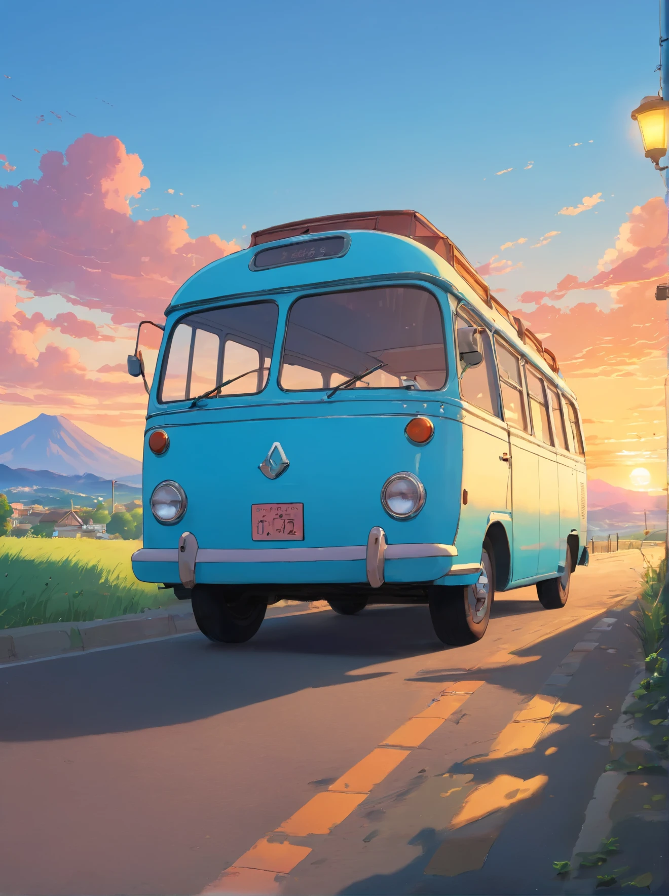 Establishing capture, well-loved vintage light blue bus, object focus, dented metal and enamel flank, soft pink orange sunset reflecting off windshield and chassis, traveling west, vast landscape, sense of movement and journey, hope and resilience, masterpiece, masterwork, meticulous, intimate, nuanced, highest quality, highest fidelity, highest resolution, highres, highest detail, hyper-detailed, detail enhancement, deeply detailed, uhd, hdr, fhd, 8k, 16k, 32k, k, caustics, subsurface scattering, High Dynamic Range, Dynamic Tone Mapping, [Specular reflection], [sub-pixel convolution], [oxidetech], [rusty steel]