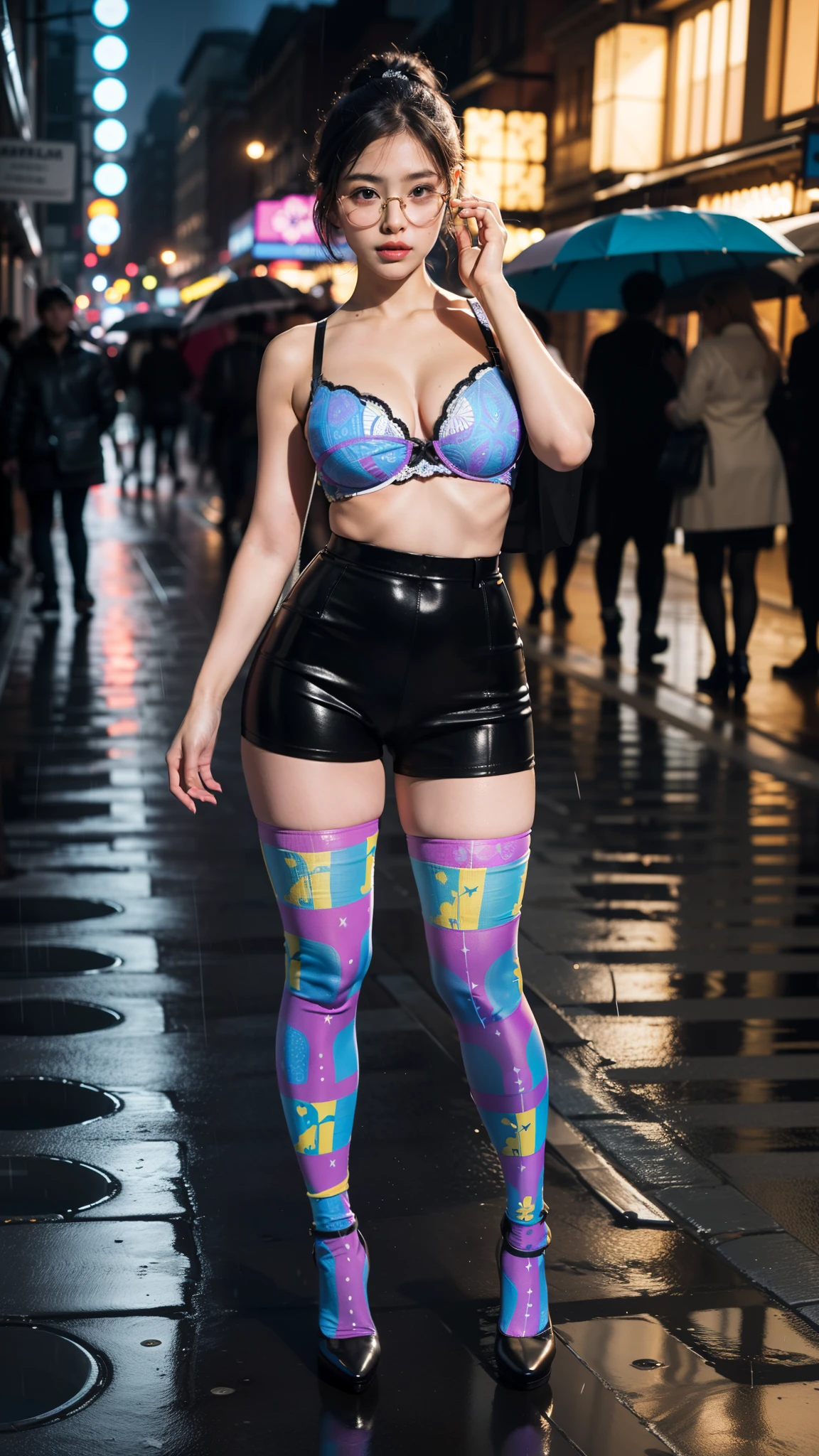 ,(full body:1.5),(((only one girl)):1.4),(view the viewer:1.4),((anatomy correct):1.45),(((dancing in the rain , Perfectly integrated background))):1.3),(she wears large glasses and Holding bra & pantie in her hand:1.2),(shy:1.15),((leather stocking set):1.2),(((((((patterns)))))) ,((thick pantyhose)):1.3),(high heels leather shoe:1.1),((Long legs and large chest):1.3),((((colorful))):1.4),(Accurate and perfect face:1.3),((black short hair):1.2),hyper HD, Ray traching, reflective light, structurally correct, Award-Awarded, high detail, lighten shade contrast, Face lighting ,cinematic lighting, masterpiece, super detailing, high quality, high detail, best quality, 16k,High contrast,