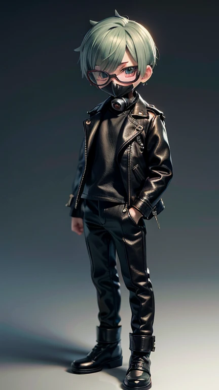 1boy, short green hair, spiky bracelet, leather black pants, white top, black boots, round glasses, cross earrings, blushing, gas mask,