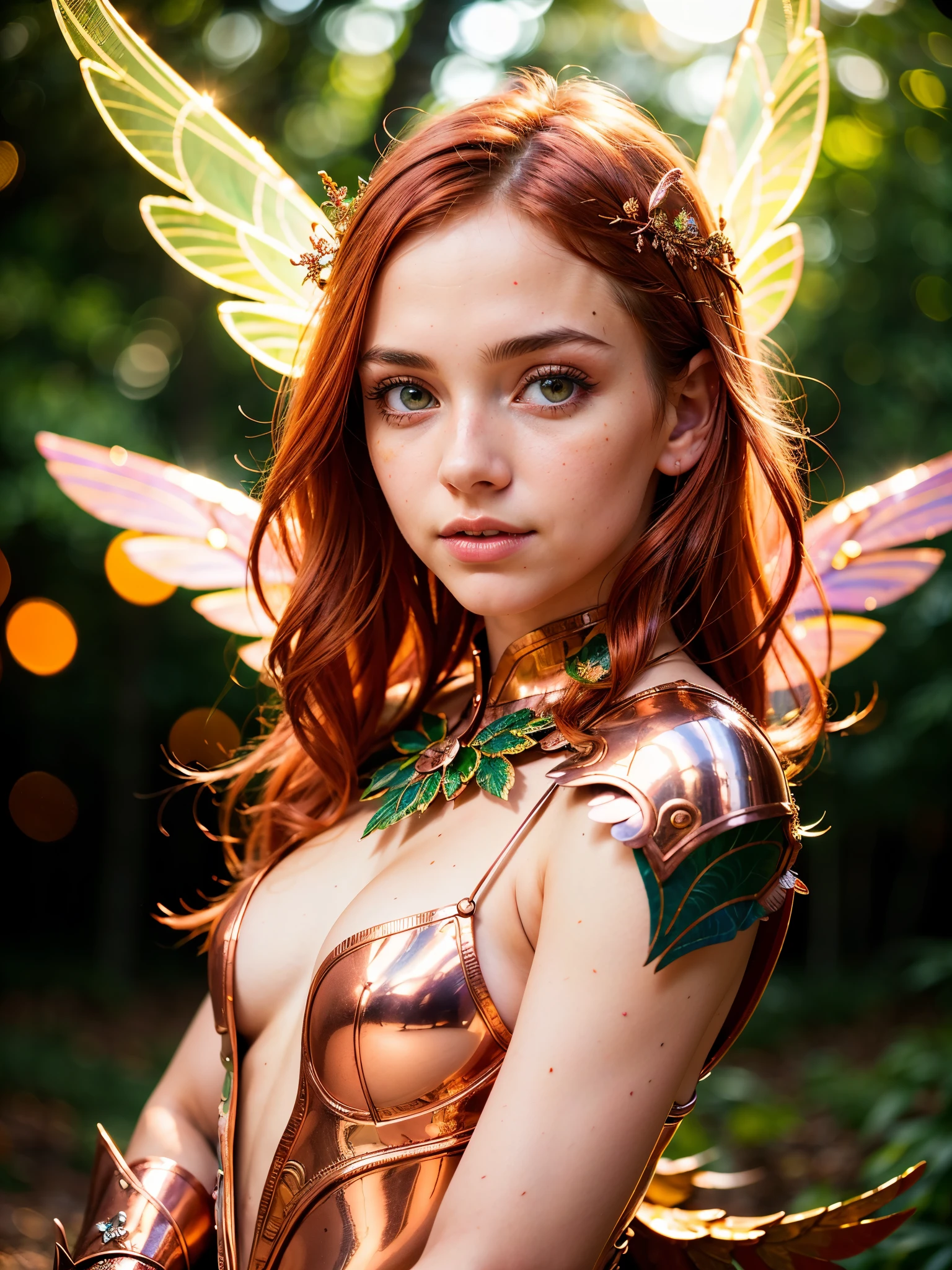 raw photo, fashion photography of cute (ung cute fire fairy), french bob copper hair, silver eyes, in high detailed copper light armor, (reflective, intricated), big detailed fire wings, chromatic aberration, colorful, bright colors, moonlight passing through hair, (enchanted forest background:1.3), (random background), depth of field