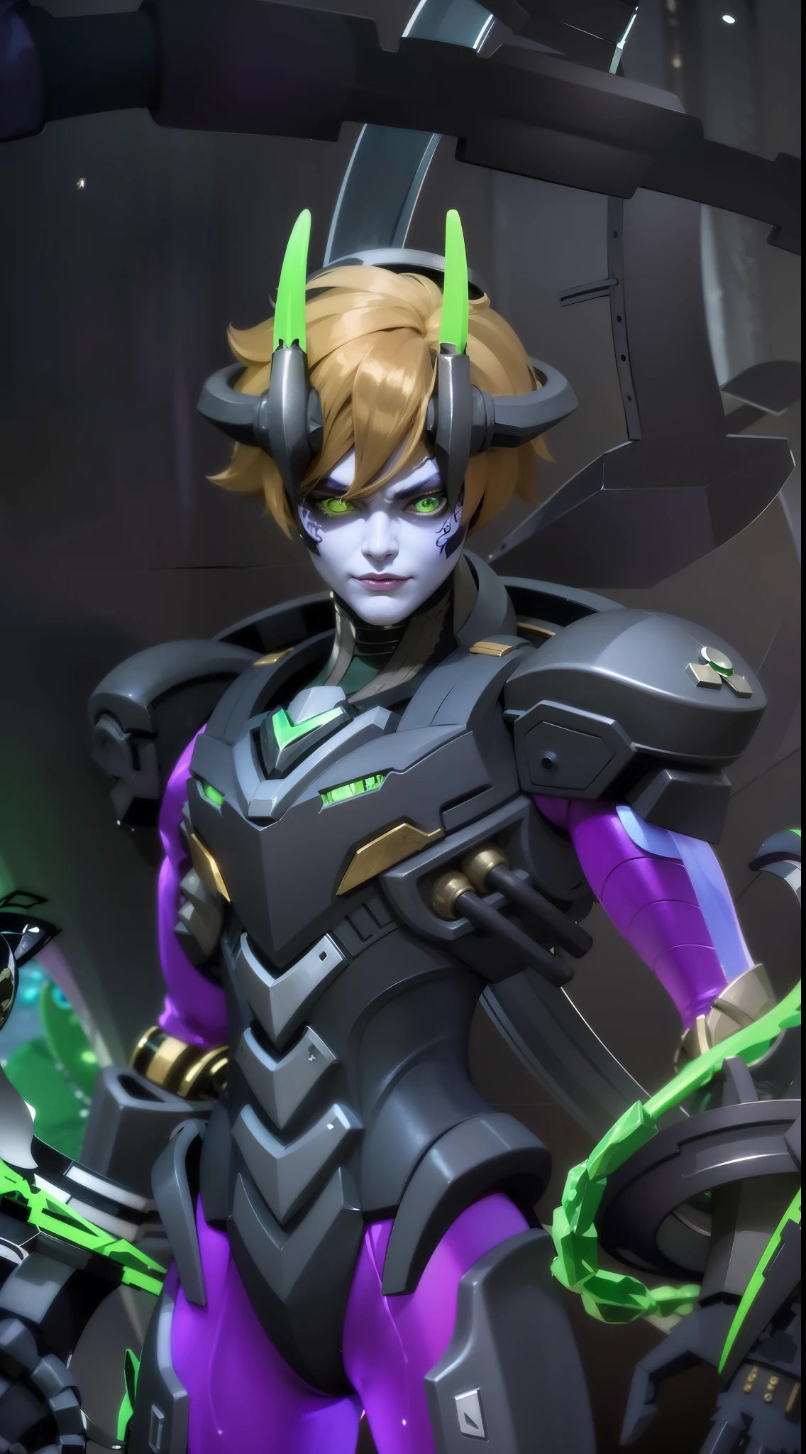 a close up of a person in a purple and green outfit, Masterpiece, ultra HD, detailed all picture, a close up of a devil, dyrroth from mobile legend, evil, extremely detailed artgerm, mobile legends character, inspired by Dyrroth, Six pack chest and abs, black jewel above the chest, light green eyes, glare.