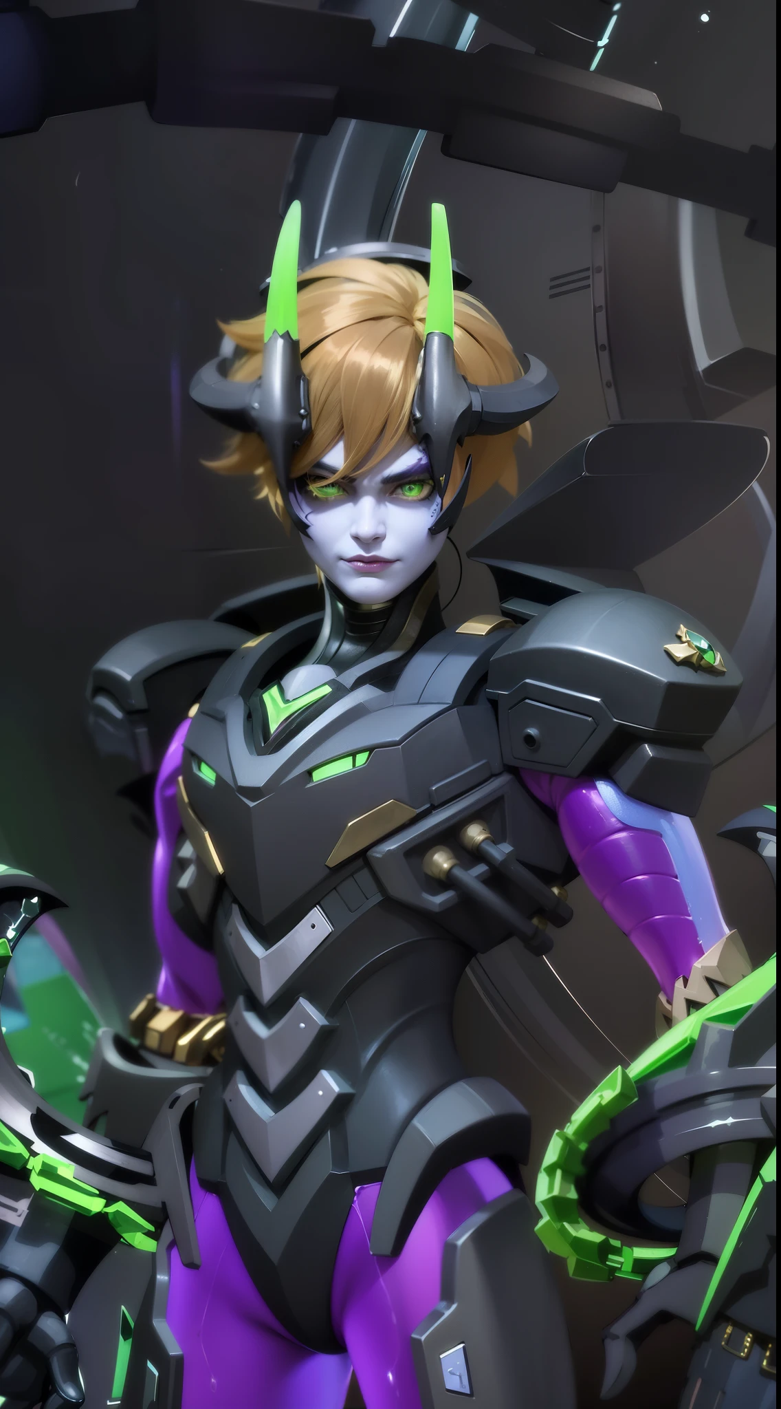 a close up of a person in a purple and green outfit, Masterpiece, ultra HD, detailed all picture, a close up of a devil, dyrroth from mobile legend, evil, extremely detailed artgerm, mobile legends character, inspired by Dyrroth, Six pack chest and abs, black jewel above the chest, light green eyes, glare.