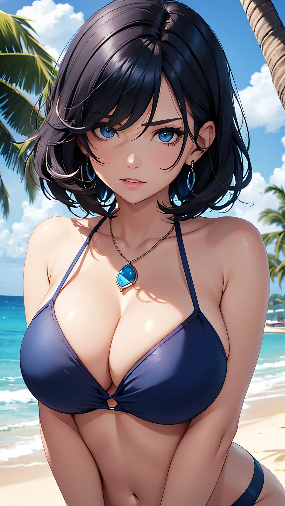 Beauty,Dark blue short hair(Inward Curling Bob) ,blue eyes,Navy blue bikini、Big cleavage、((Big Breasts))、(to close range)、Embarrassed look、Blue Necklace、Blue earrings、background(Beach)、Chest-pushing pose
