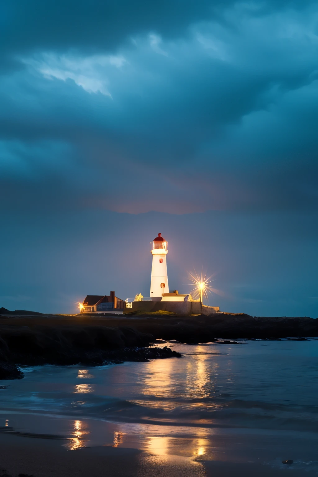 Cape with a white lighthouse、Stormy Night