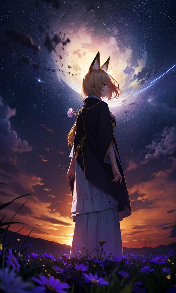 1people々々々々々々々々々々々々々々々々々々々,Woman with medium length blonde hair,Fox Ears,Long coat,Takageta, Dress Silhouette, Rear View,Space Sky, Flower Field,Colorful flowers,Dancing Petals,full moon,shrine,