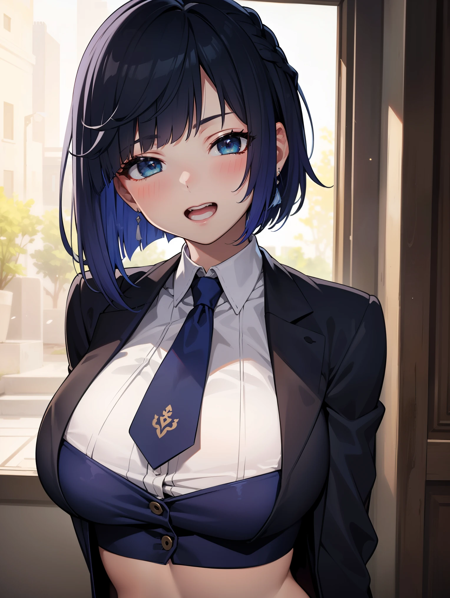 crop top, (gradient hair), black hair, blue hair, short hair, blue eyes, yelendef
BREAK (black coat, white shirt, black necktei:1.2),
BREAK upper body, (huge Laughing:1.1), (open mouth:1.1), closed eyes, sun glare, bokeh, depth of field, blurry background, light particles,arms behind back,
BREAK (masterpiece:1.2), best quality, high resolution, unity 8k wallpaper, (illustration:0.8), (beautiful detailed eyes:1.6), extremely detailed face, perfect lighting, extremely detailed CG, (perfect hands, perfect anatomy),