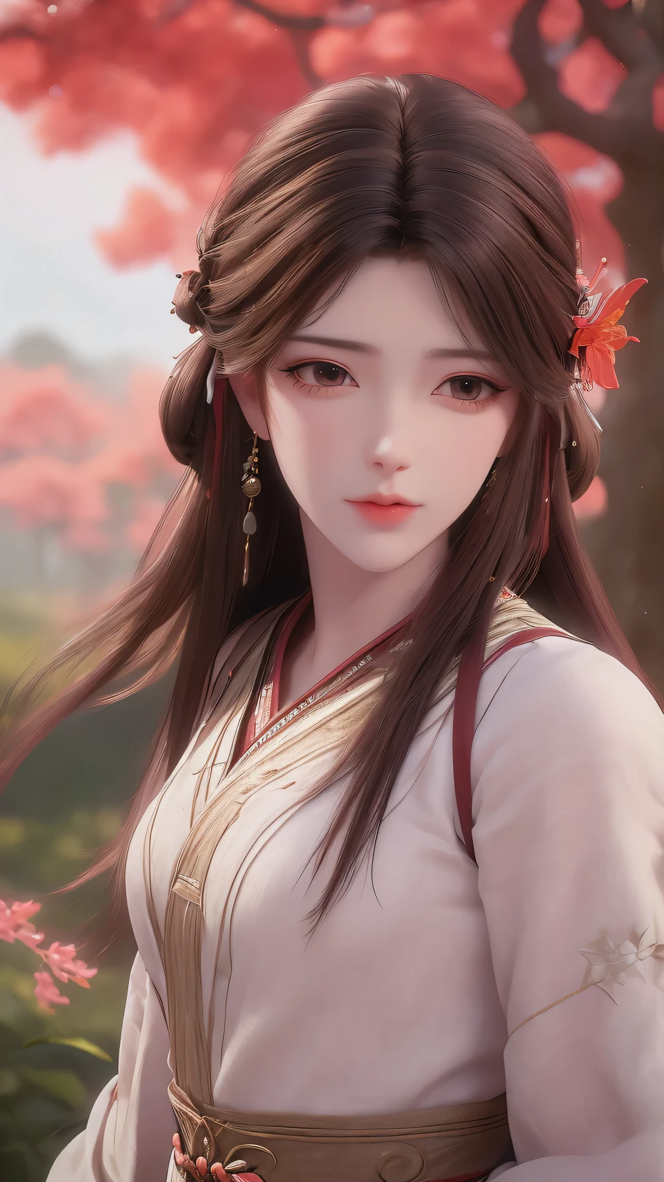 (best quality,ultra-detailed,photorealistic:1.37),vivid colors,studio lighting,beautiful detailed eyes,beautiful detailed lips,extremely detailed eyes and face,long eyelashes,portraits,brown hair,confident expression,feminine,standing in a garden,soft sunlight, scenery,flower blossoms,peaceful atmosphere,artistic touch,textured brushstrokes,subtle color variations,brilliant white highlights,delicate movements,graceful pose,slight breeze,rustling leaves,sophisticated style,professional artwork,female beauty.